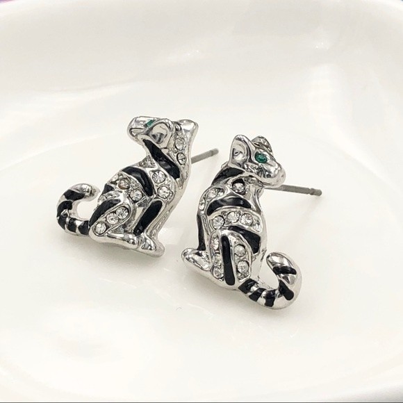 🌼 Mini Dainty Rhinestone Enamel Kitty Cat Tiger Silver Stud Earrings - Picture 2 of 3